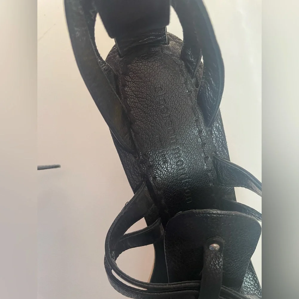 Sigerson Morrison Women’s Greek Black Leather Wood Heel Sandals - Picture 3 of 16